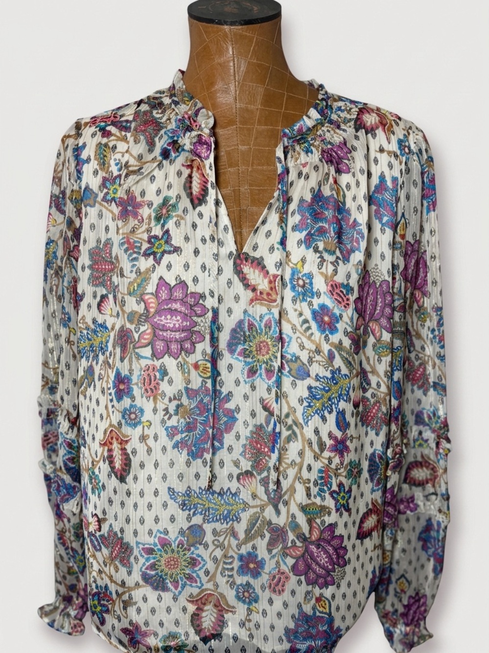 Women's Floral V-Neck Long Sleeve Top in Cream and Purple